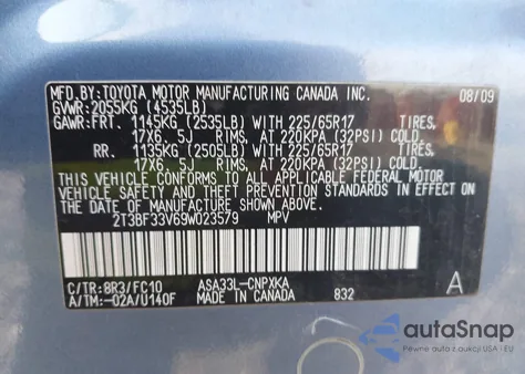 2009 Toyota Rav4 z USA, uszkodzony, nr VIN 2T3BF33V69W023579